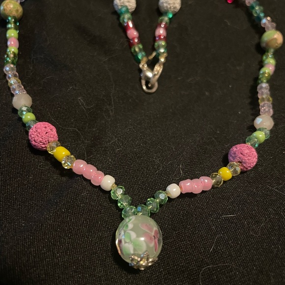 Handmade Boho Beaded Summery Feminine Necklace In Pastel Colours Pinks & Greens - Picture 2 of 7